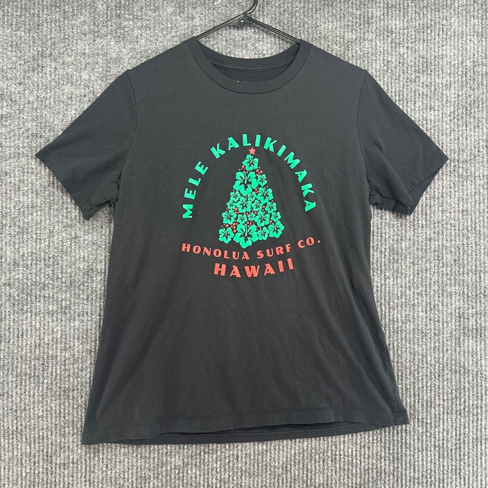 Honolua Surf Co T-Shirt Women L Black Excellent Mele Kalikimaka Hibiscus Tree